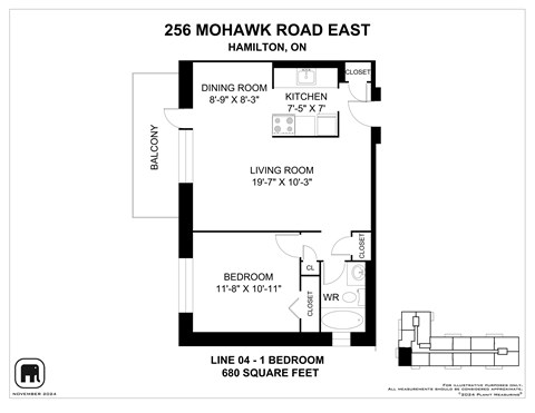 Floor plan for 1 bed, 1 bath, 686 sqft
